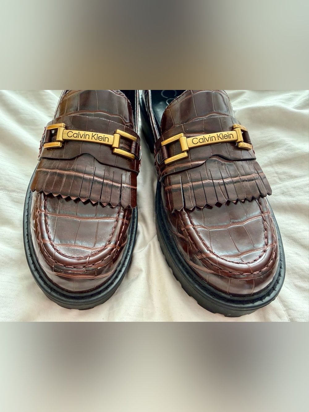 Calvin Klein Brown women’s Croc-Embossed Leather Loafers with Gold Buckle, New - Picture 6 of 6